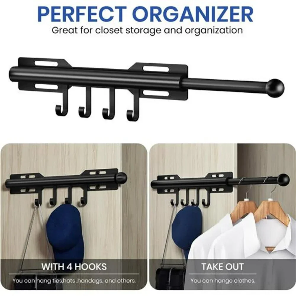 Pull Out Closet Valet Rod 12 Inch Retractable Clothes Hanger with 4 Hooks Silver